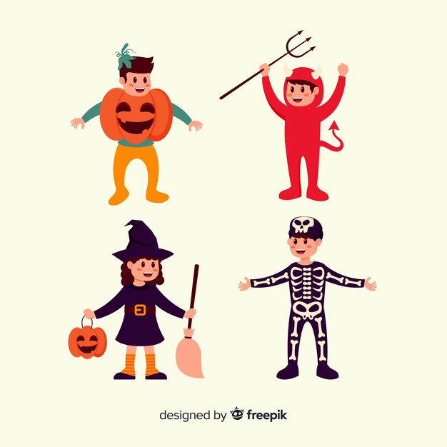 Симпатичные костюмы плоская коллекция символов Хэллоуина