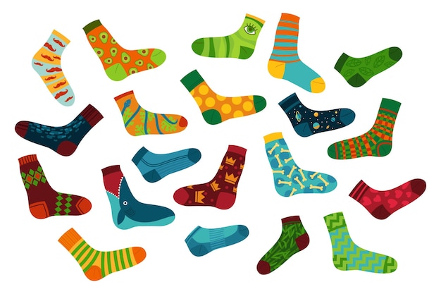 Free vector cute cotton and woolen socks set. vector illustrations of stylish hosiery collection. cartoon winter warm footwear with different patterns and colors isolated on white. accessory, fashion concept