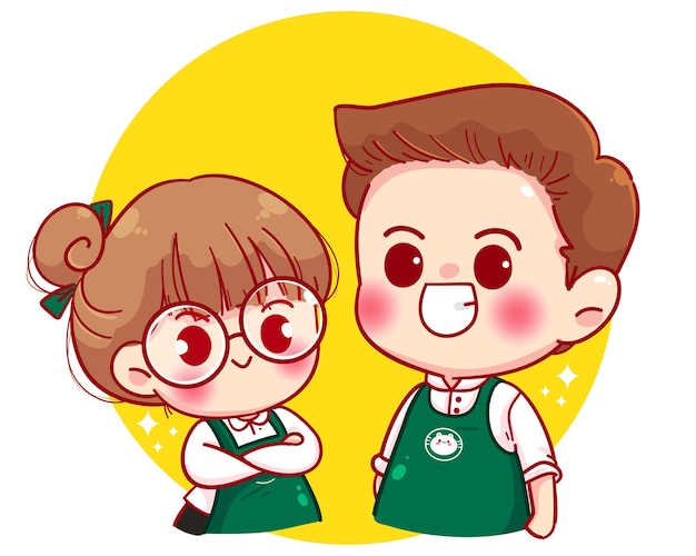 Cute couple barista in apron standing with arms crossed cartoon character illustration