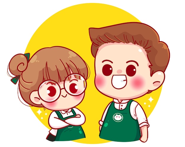 Cute couple Barista in apron standing with arms crossed cartoon character illustration