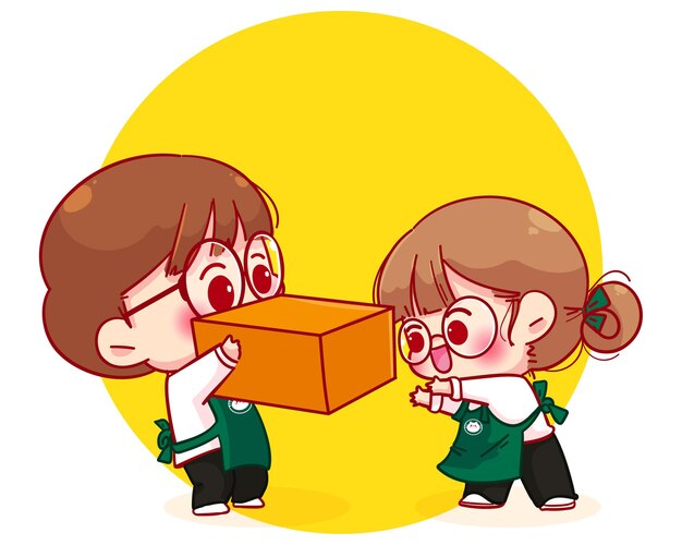 招待プレゼント漫画のキャラクターイラストとエプロンのかわいいカップルバリスタ プレミアムベクター