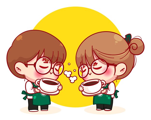 コーヒーの紙コップ漫画のキャラクターイラストを保持しているエプロンのかわいいカップルバリスタ プレミアムベクター