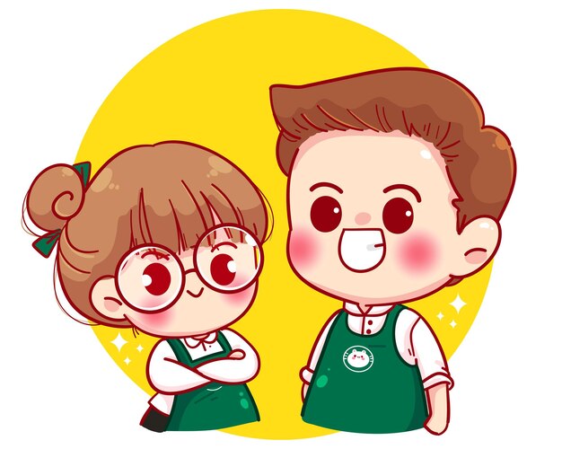 招待プレゼント漫画のキャラクターイラストとエプロンのかわいいカップルバリスタ プレミアムベクター
