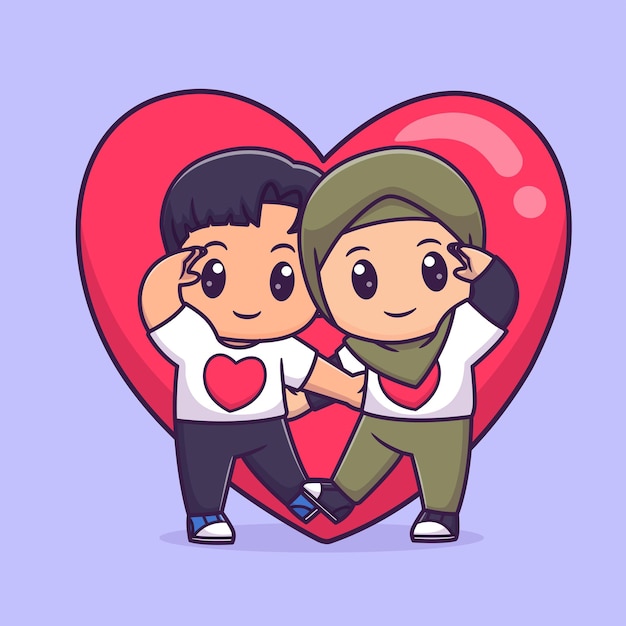 무료 벡터 귀여운 커플 소년과 소녀 히자브와 사랑의 심장 포즈 만화  ⁇ 터 아이콘 일러스트레이션 사람들 휴일