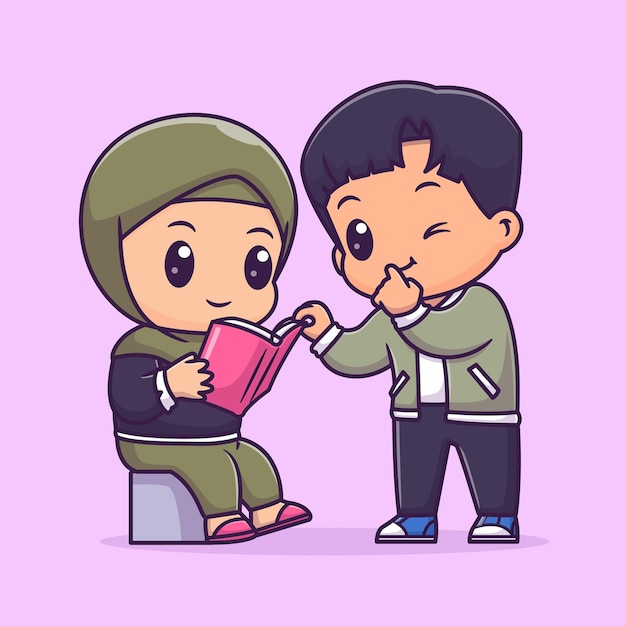 Cute couple boy and girl hijab reading book together cartoon vector icon illustration people flat