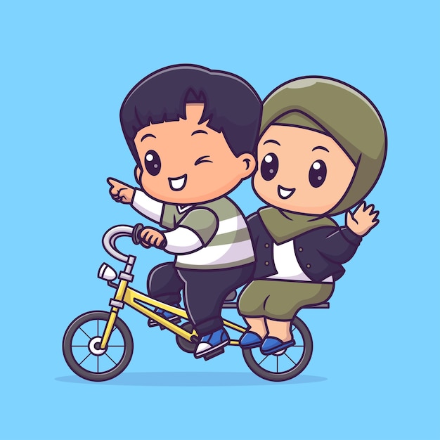 Free vector cute couple boy and girl hijab riding bicycle together cartoon vector icon illustration people flat