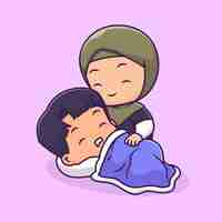 Free vector cute couple boy and girl hijab sleeping together cartoon vector icon illustrationpeople nature flat