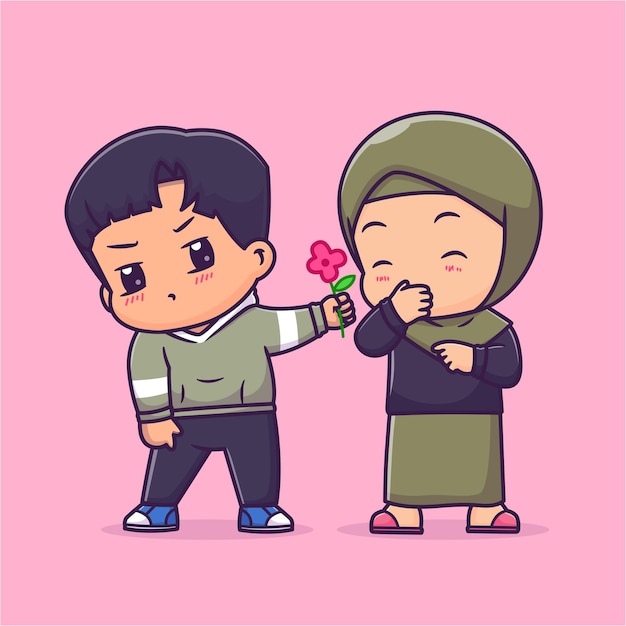 Cute couple boy give flower to girl with hijab cartoon vector icon illustration people nature flat