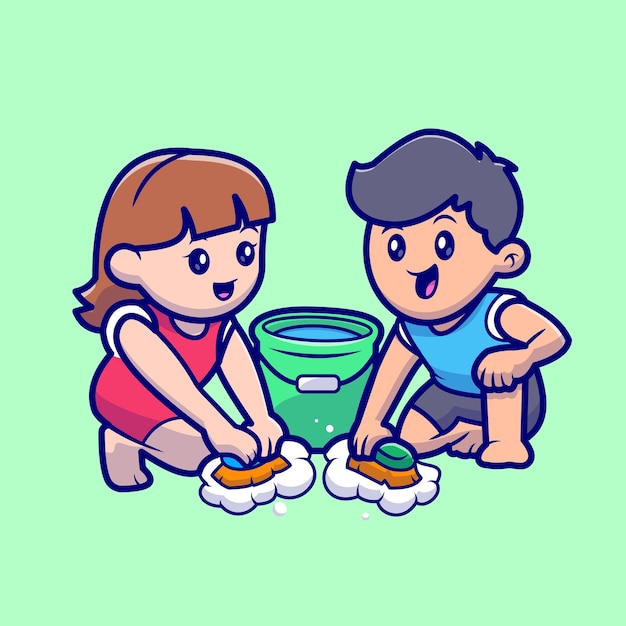 Cute couple cleaning floor with brush cartoon vector icon\
illustration. people healthy isolated flat