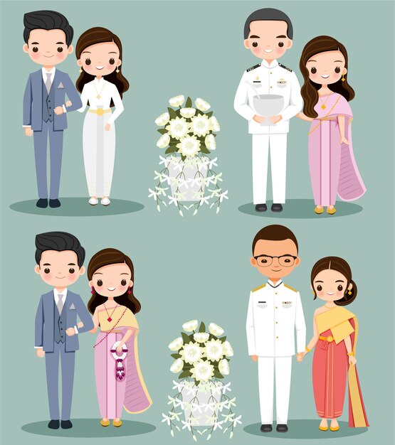 結婚式の招待カードの新郎新婦のタイのかわいいカップルの漫画のキャラクター イベントのお祝いのカラフルなイラスト プレミアムベクター
