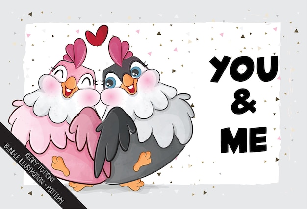 Cute couple lovely chicken illustration for kids