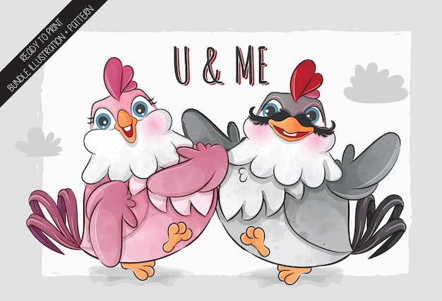 Cute couple lovely chicken illustration