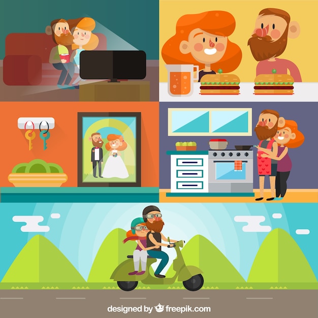 Cute couple scenes in flat design