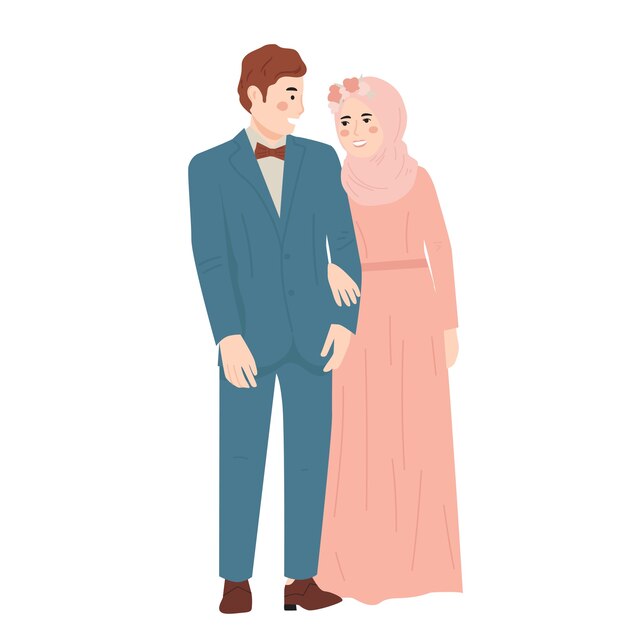 イスラム教徒の結婚式のカップルかわいい漫画キャライラスト プレミアムベクター