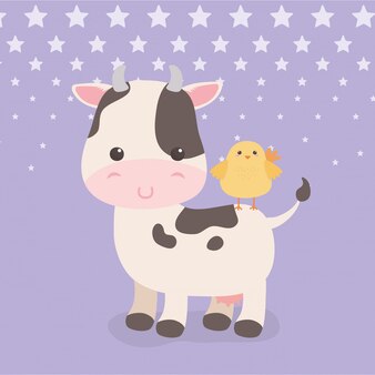 かわいい牛とひよこ動物農場のキャラクター プレミアムベクター かわいい牛とひよこ動物農場のキャラクター プレミアムベクター