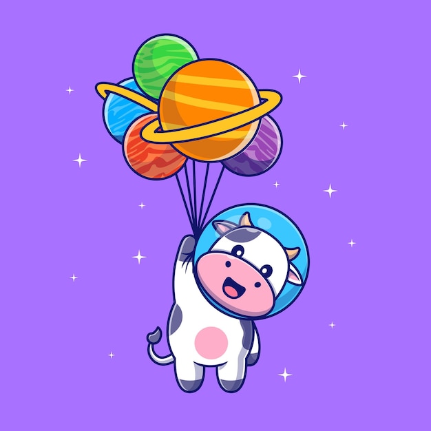 Free vector cute cow astronaut floating with planet balloon cartoon vector icon illustration animal science