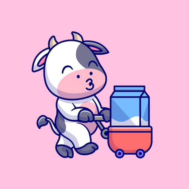 Free vector cute cow bring milk with trolley cartoon vector icon illustration. animal drink icon isolated flat