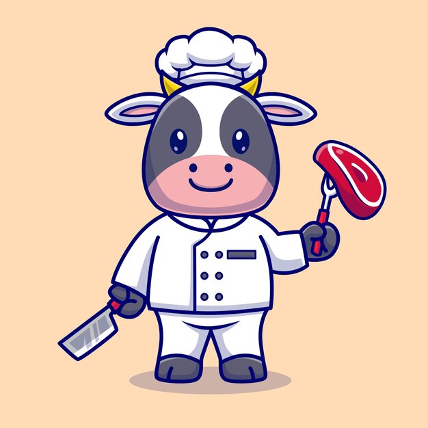 Cute Cow Chef Cooking Meat Cartoon Vector Icon Illustration Animal Food Icon Concept Isolated Flat