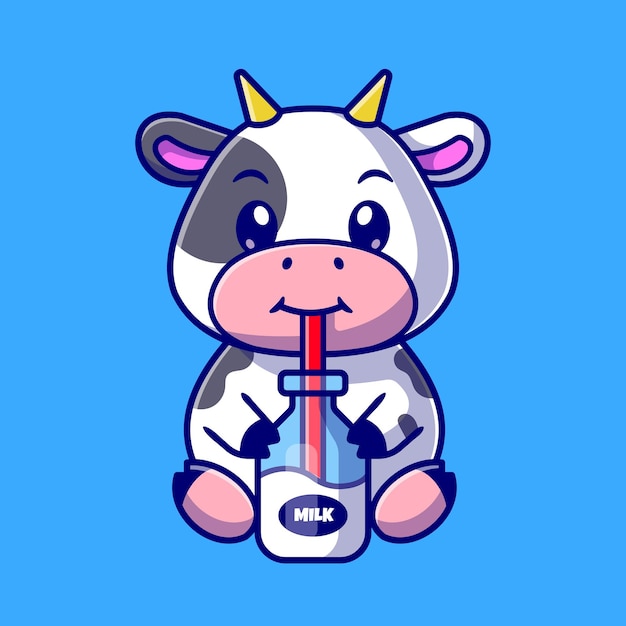 Симпатичные коровы пить молоко мультфильм вектор значок иллюстрации. Концепция животных напиток значок изолированные Premium векторы. Плоский мультяшном стиле