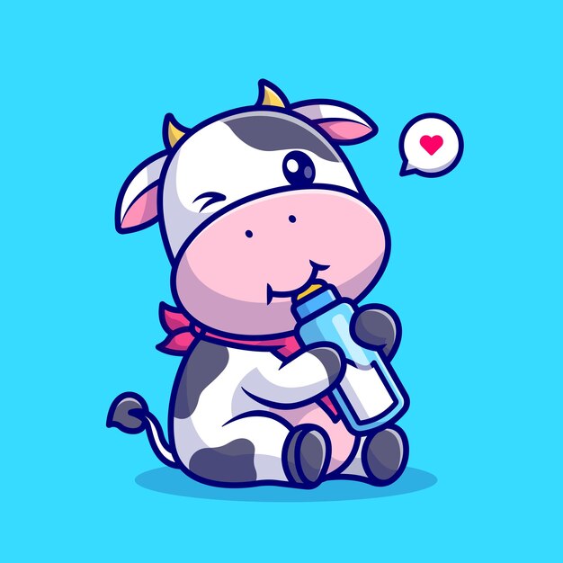 Cute Cow Drink Milk Cartoon Vector Icon Illustration Animal Drink Icon Concept Isolated Premium