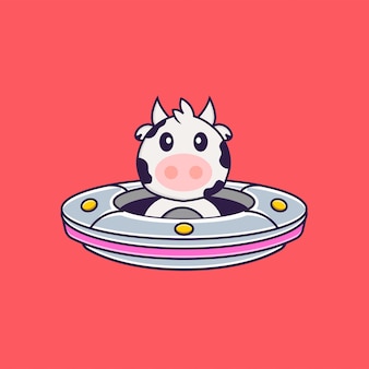 Cute cow driving spaceship ufo. animal cartoon concept isolated.