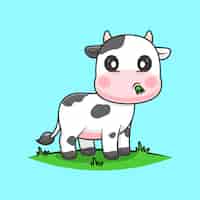 Vettore gratuito mucca carina che mangia erba cartoon icona vettore illustrazione concetto di icona natura animale isolato piatto