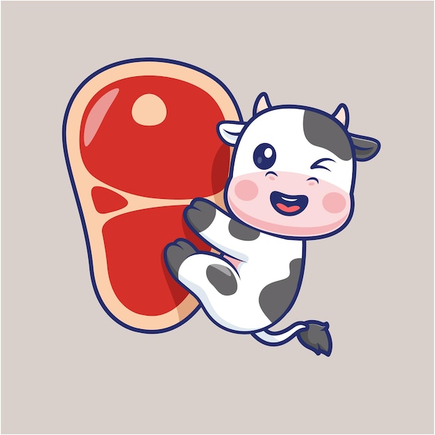 Free vector cute cow hanging on meat steak cartoon vector icon illustration animal food icon concept isolated