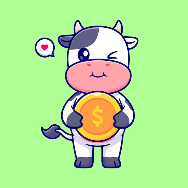 Милая корова держит золотую монету. Изолированная концепция иконы финансирования животных