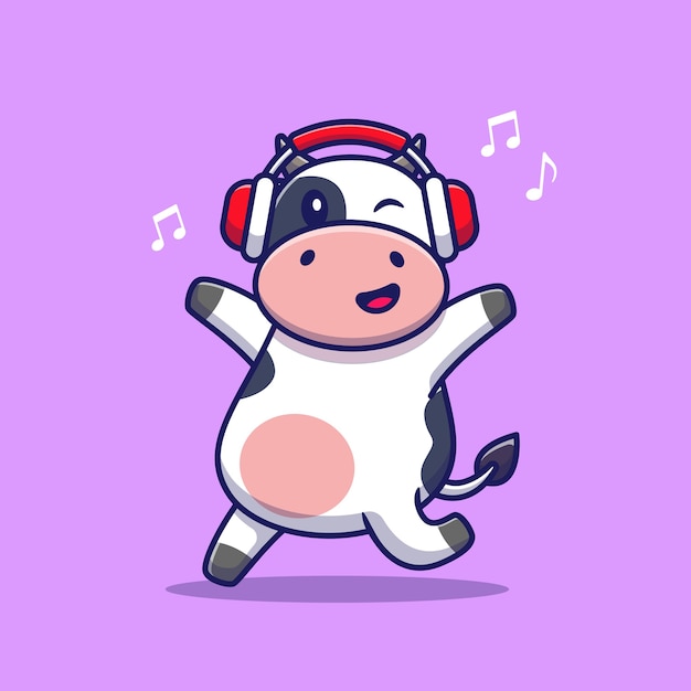 Cute Cow Listening Music With Headphone Cartoon . Animal Technology Icon Concept Isolated . Flat Cartoon Style