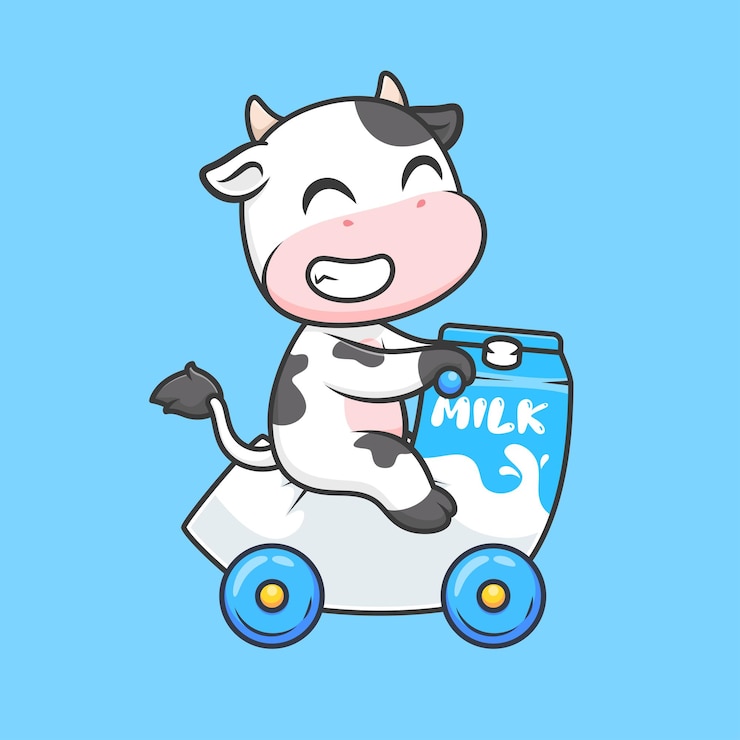 Free Vector cute cow riding milk motorcycle toy cartoon vector icon illustration animal transportation isolated