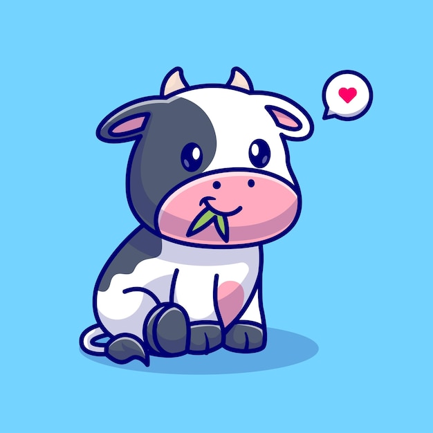 Cute Cow Sitting And Eating Grass Cartoon Vector Icon Illustration Animal Nature Icon Isolated Flat