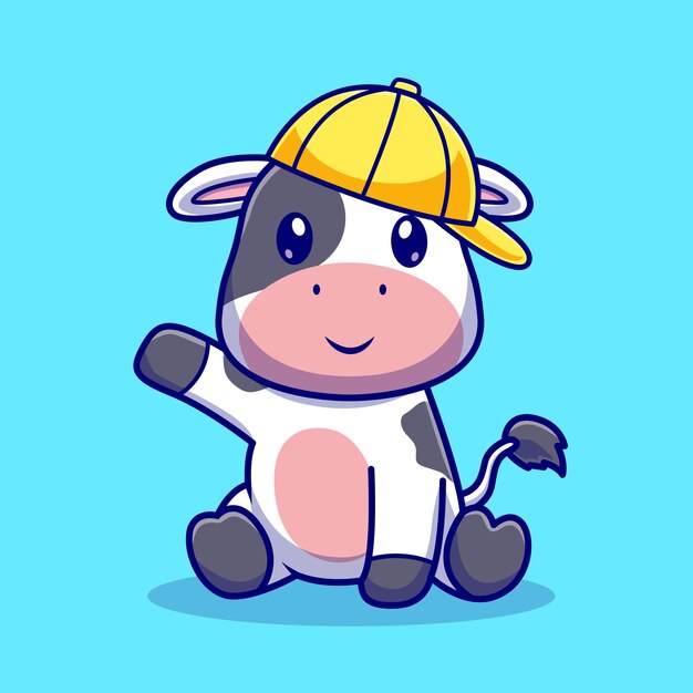 Cute Cow Sitting With Hat Cartoon Vector Icon Illustration Animal Nature Icon Concept Isolated Flat