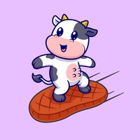 Cute cow surfing with steak meat cartoon vector icon illustration. animal food icon concept isolated