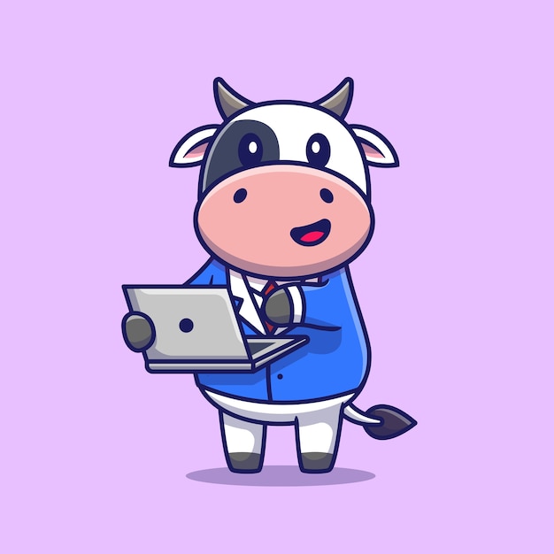 Милая корова работает на ноутбуке. Технология животных