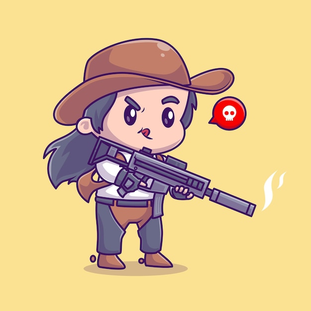 Cute Cowboy Holding Gun Pistol Cartoon Vector Icon Illustration. People Holiday Icon Isolated Flat