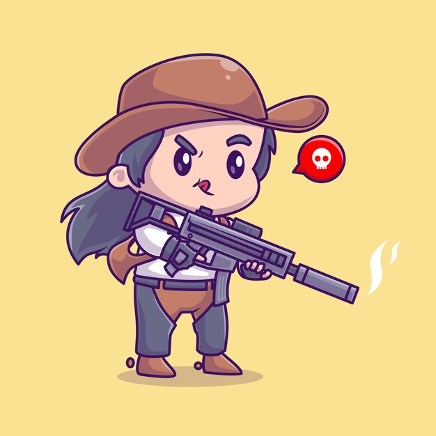 Cute Cowboy Holding Gun Pistol Cartoon Vector Icon Illustration. People Holiday Icon Isolated Flat