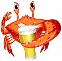 Free vector cute crab cartoon character drinking beer