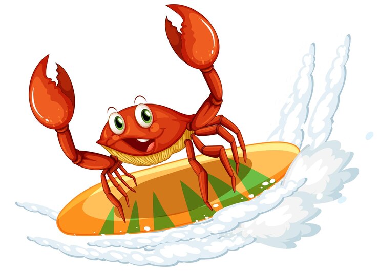 Free Vector cute crab cartoon character surfing