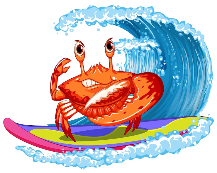 Free Vector cute crab cartoon character surfing