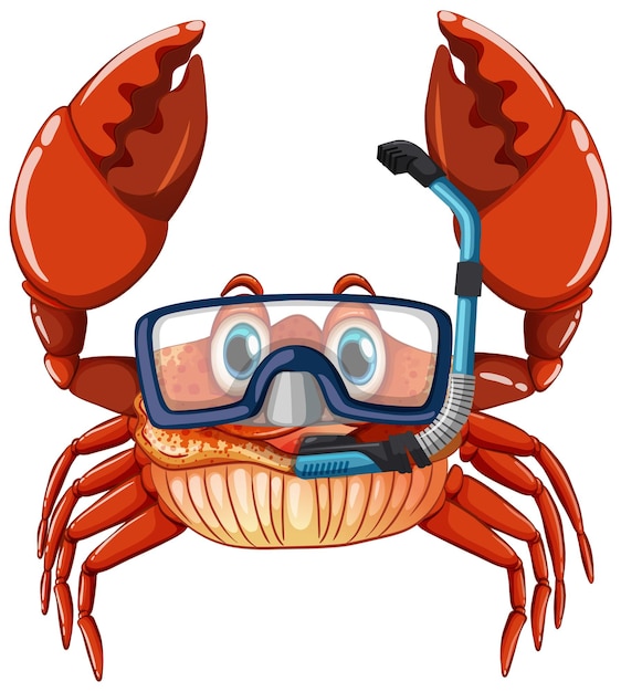 Free vector cute crab cartoon character wearing snorkeling goggles