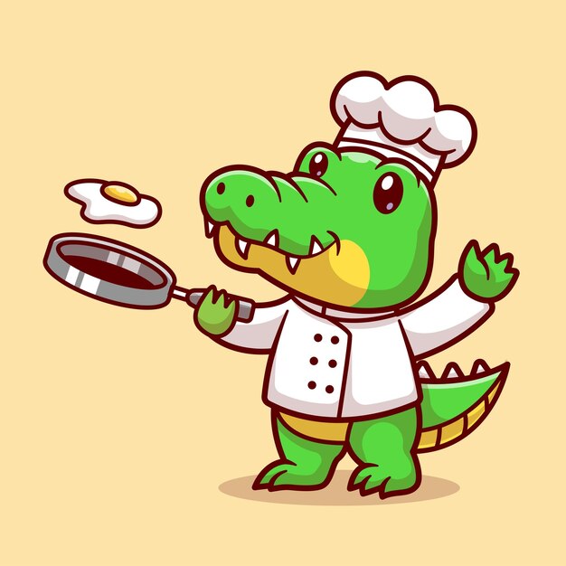 Cute Crocodile Chef Cooking Egg Cartoon Vector Icon Illustration Animal Food Icon Concept Isolated