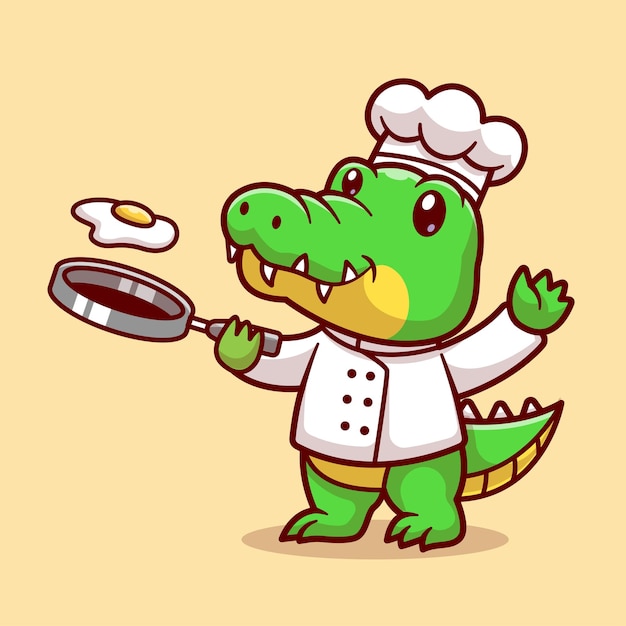 Cute Crocodile Chef Cooking Egg Cartoon Vector Icon Illustration Animal Food Icon Concept Isolated