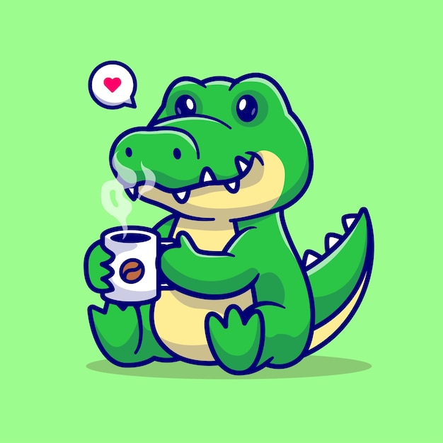 Cute Crocodile Drinking Coffee Cartoon Vector Icon Illustration Animal Drink Icon Concept Isolated