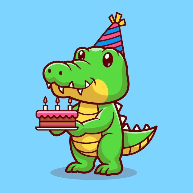 Cute crocodile holding birthday cake cartoon vector icon illustration animal nature icon isolated