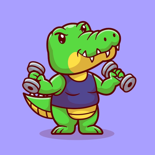 Cute Crocodile Lifting Dumbbell Cartoon Vector Icon Illustration Animal Sport Icon Concept Isolated