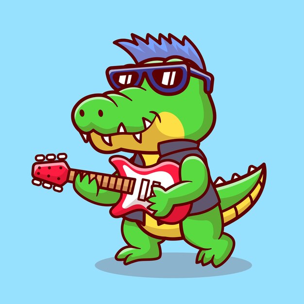 Cute Crocodile Playing Electric Guitar Cartoon Vector Icon Illustration Animal Music Icon Isolated