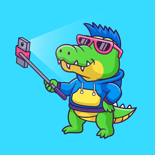 Cute crocodile selfie with phone camera cartoon vector icon illustration. animal technology isolated