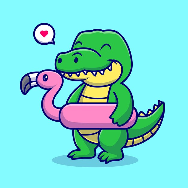 Симпатичный крокодил с фламинго, плавающими шинами, векторная икона мультфильма, икона праздника животных