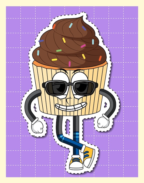 Cute cupcake cartoon character on grid background