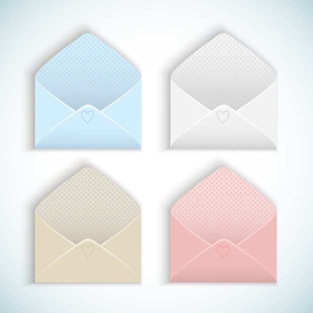 Free vector cute design empty valentines day opened envelopes in pastel colors set isolated on white